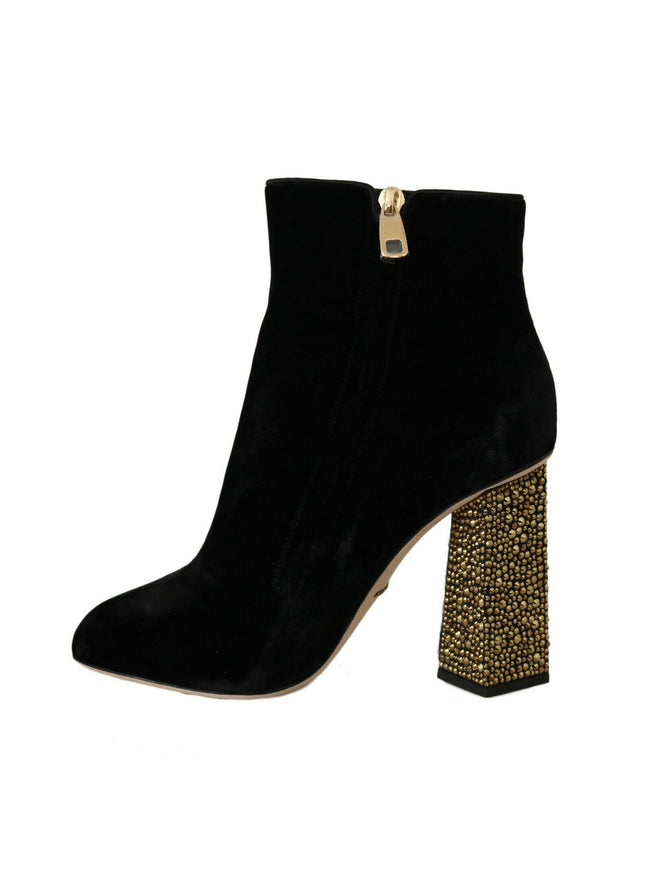 Dolce & Gabbana Black Velvet Crystal Square Heels Shoes - Ellie Belle