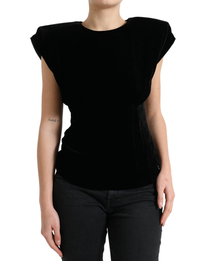 Dolce & Gabbana Black Velvet Fitted Padded Shoulder Blouse Top - Ellie Belle