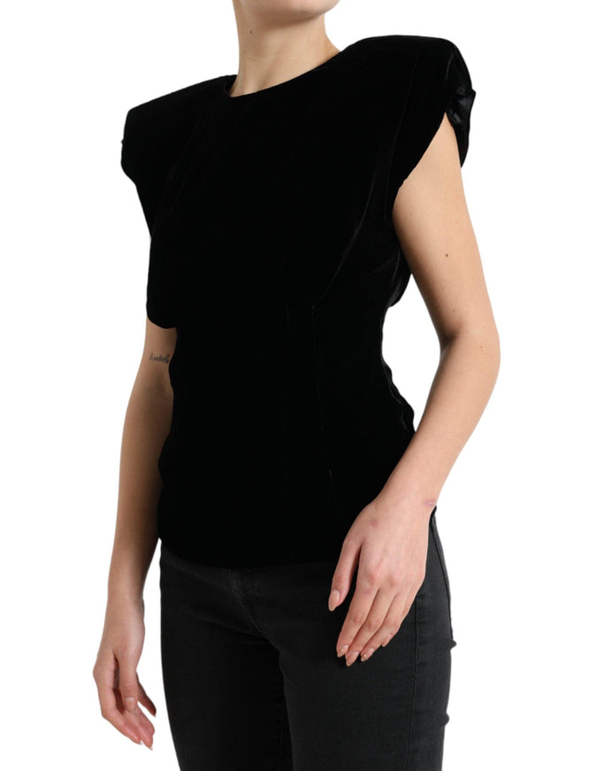 Dolce & Gabbana Black Velvet Fitted Padded Shoulder Blouse Top - Ellie Belle