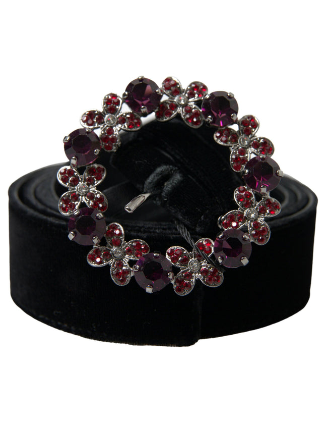 Dolce & Gabbana Black Velvet Floral Crystal Buckle Belt - Ellie Belle