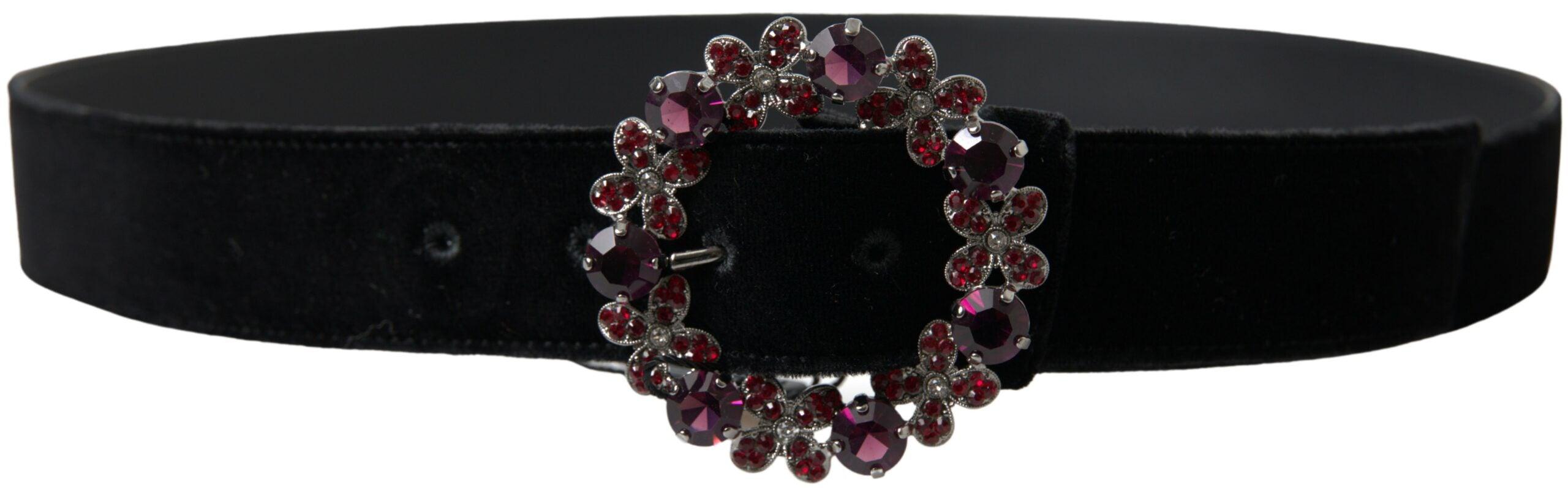 Dolce & Gabbana Black Velvet Floral Crystal Buckle Belt - Ellie Belle