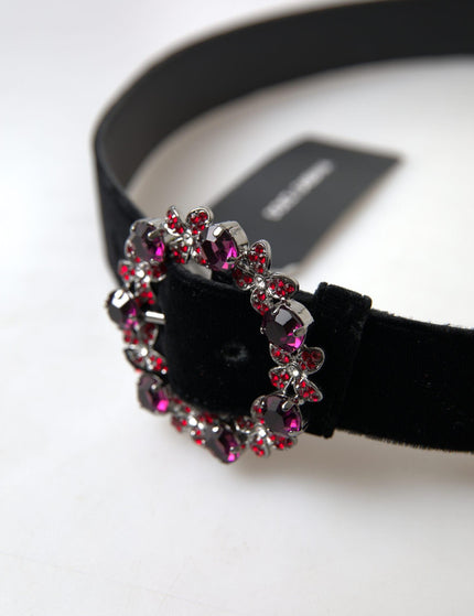 Dolce & Gabbana Black Velvet Floral Crystal Buckle Belt - Ellie Belle