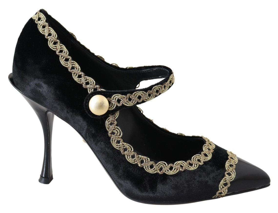 Dolce & Gabbana Black Velvet Gold Mary Janes Pumps - Ellie Belle