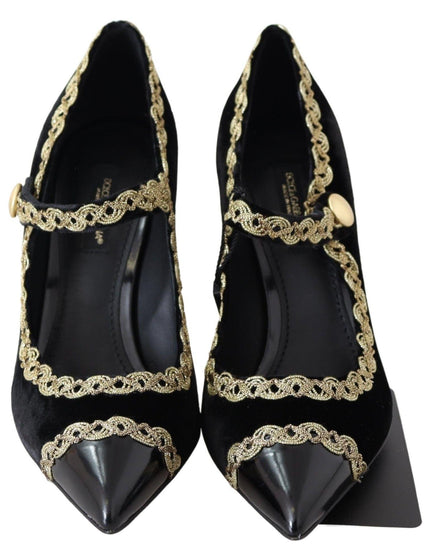 Dolce & Gabbana Black Velvet Gold Mary Janes Pumps - Ellie Belle