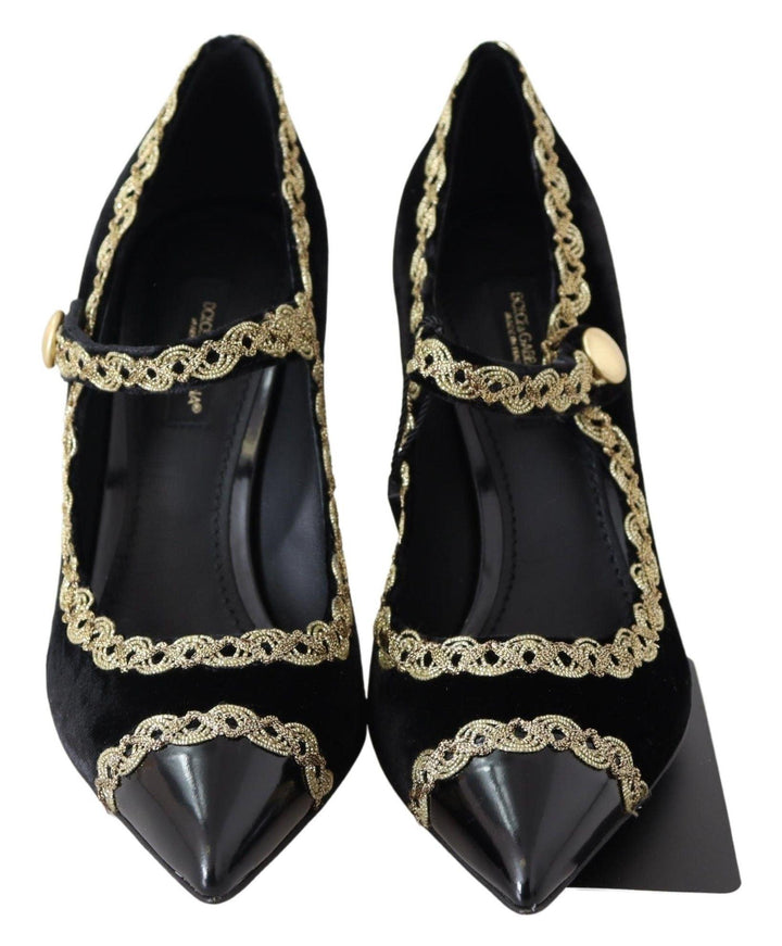 Dolce & Gabbana Black Velvet Gold Mary Janes Pumps - Ellie Belle