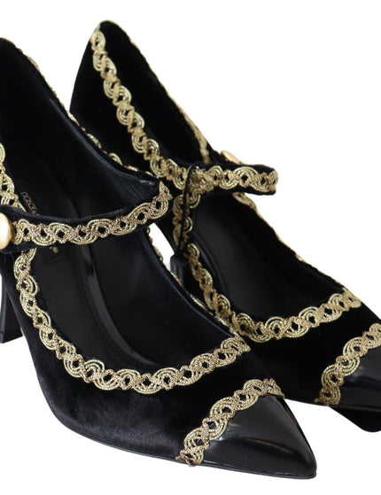 Dolce & Gabbana Black Velvet Gold Mary Janes Pumps - Ellie Belle