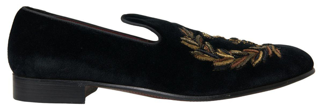Dolce & Gabbana Black Velvet Loafers Bee Crown Embroidery Shoes Dress - Ellie Belle