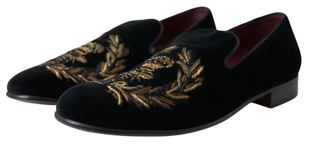 Dolce & Gabbana Black Velvet Loafers Bee Crown Embroidery Shoes Dress - Ellie Belle