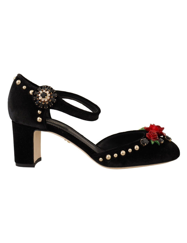 Dolce & Gabbana Black Velvet Roses Ankle Strap Pumps Shoes - Ellie Belle