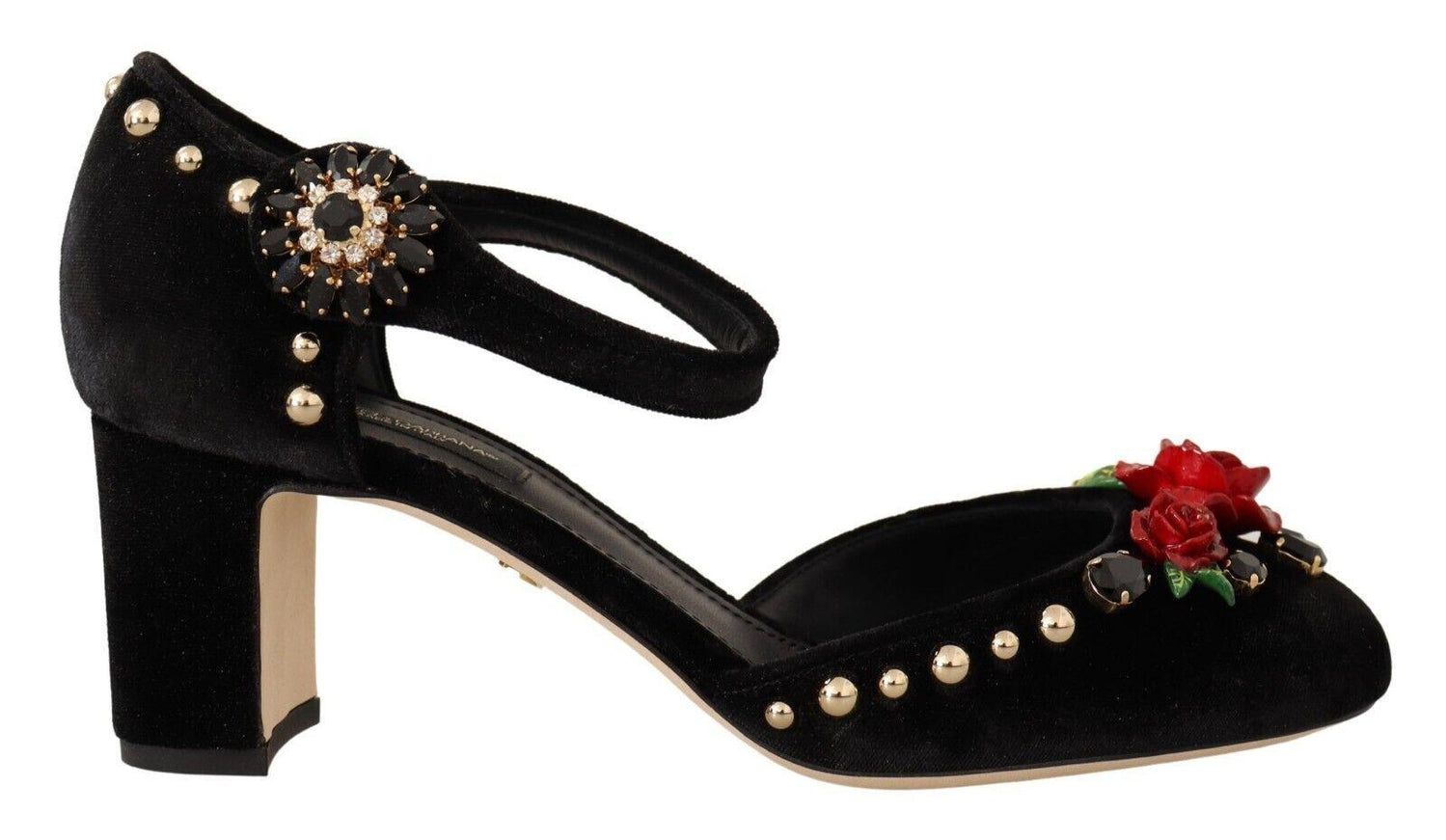 Dolce & Gabbana Black Velvet Roses Ankle Strap Pumps Shoes - Ellie Belle