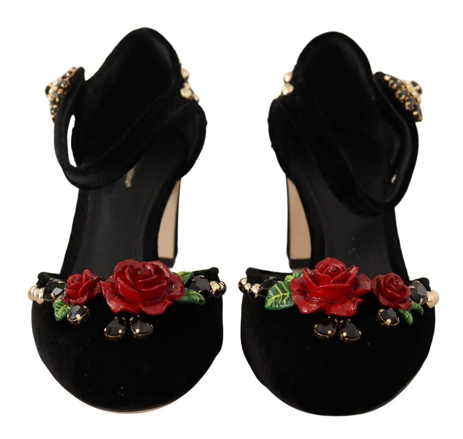 Dolce & Gabbana Black Velvet Roses Ankle Strap Pumps Shoes - Ellie Belle