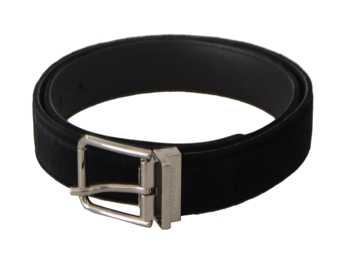 Dolce & Gabbana Black Velvet Silver Logo Engraved Metal Buckle Belt - Ellie Belle