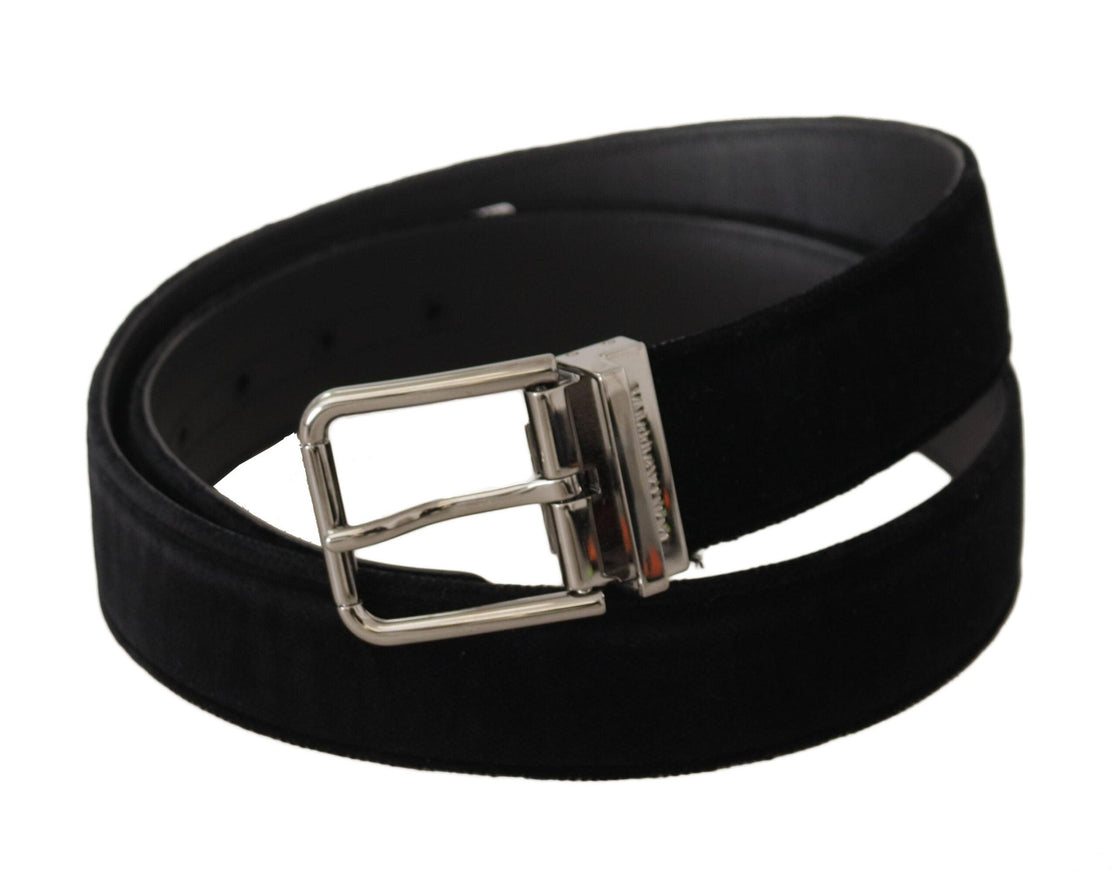 Dolce & Gabbana Black Velvet Silver Logo Engraved Metal Buckle Belt - Ellie Belle