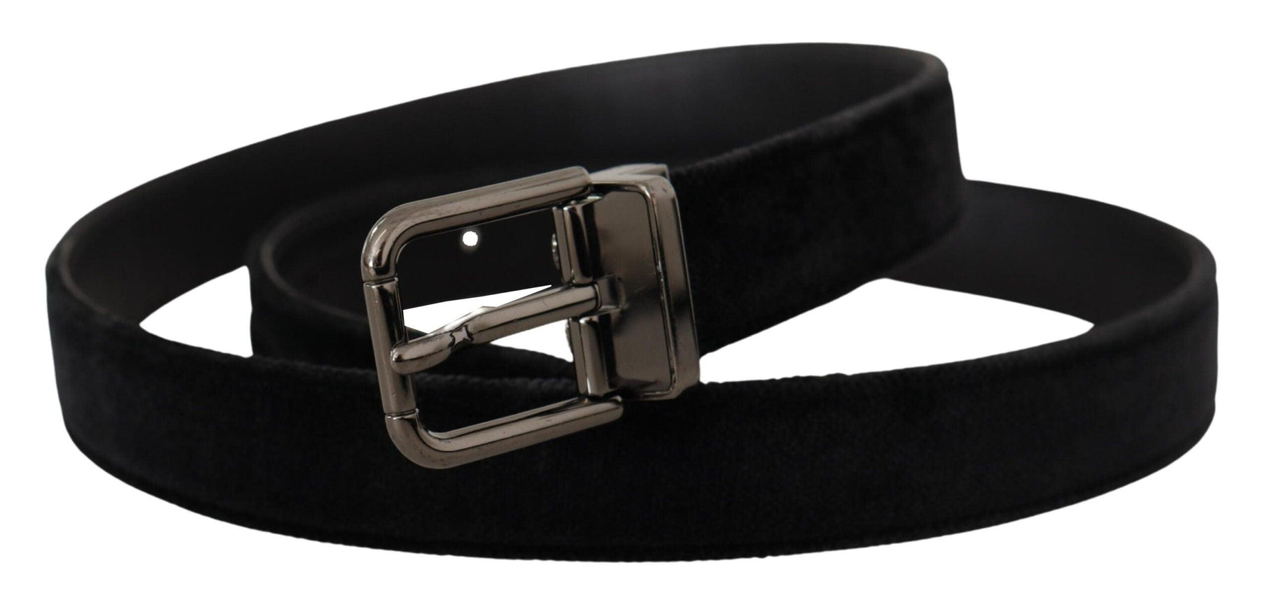 Dolce & Gabbana Black Velvet Silver Tone Logo Metal Buckle Belt - Ellie Belle