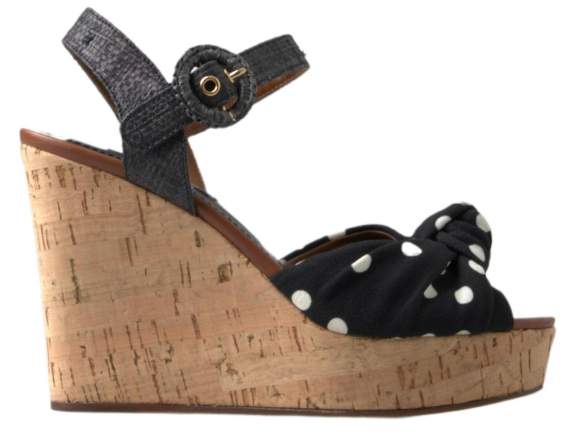 Dolce & Gabbana Black Wedges Polka Dotted Ankle Strap Shoes Sandals - Ellie Belle