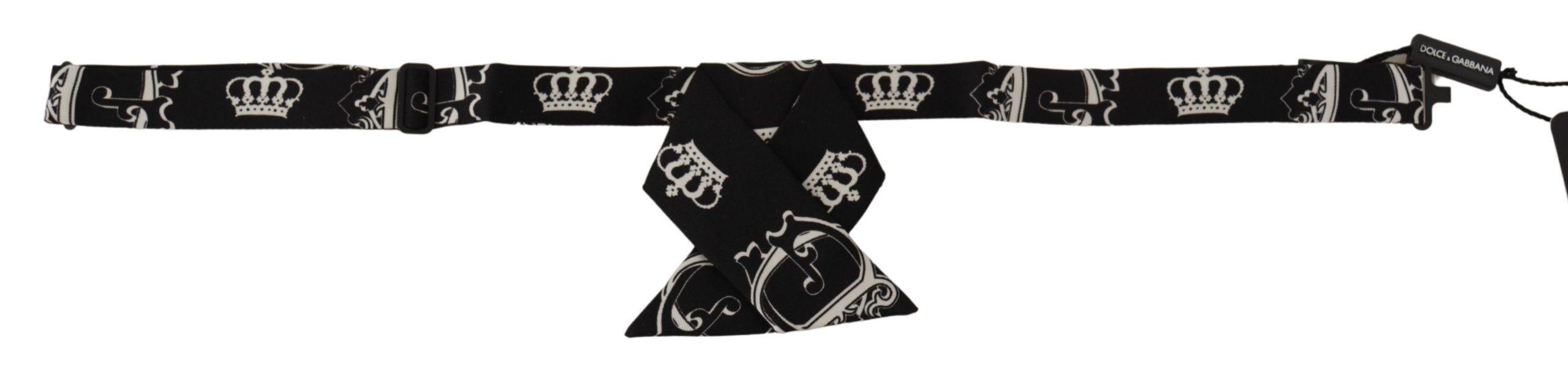 Dolce & Gabbana Black White Crown Print Adjustable Neck Papillon Bow Tie - Ellie Belle