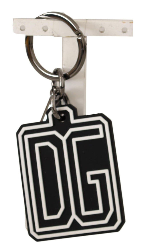 Dolce & Gabbana Black White DG Rubber Logo Silver Ring Keychain - Ellie Belle