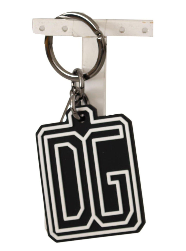 Dolce & Gabbana Black White DG Rubber Logo Silver Ring Keychain - Ellie Belle