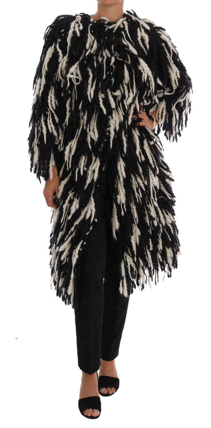 Dolce & Gabbana Black White Fringes Coat Wool Coat