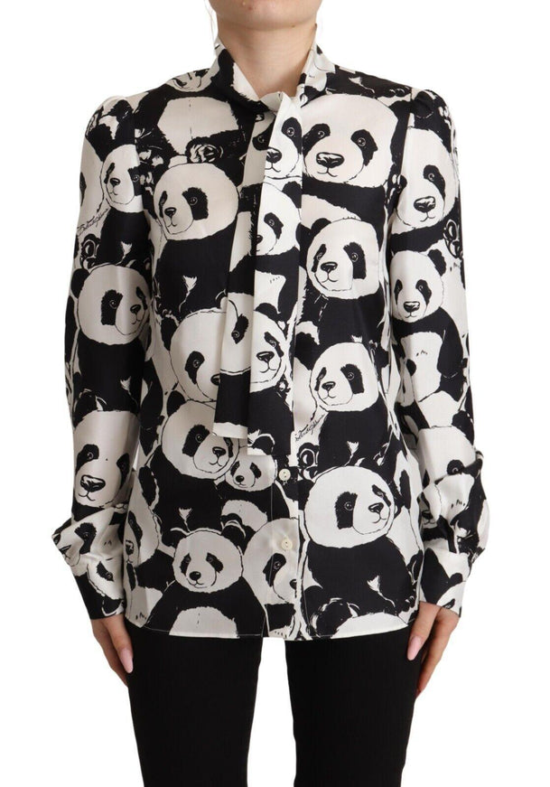 Dolce & Gabbana Black White Panda Print Silk Ascot Collar Top - Ellie Belle