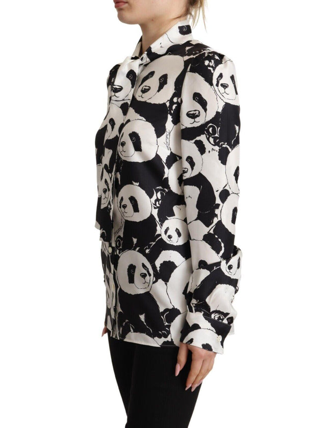 Dolce & Gabbana Black White Panda Print Silk Ascot Collar Top - Ellie Belle