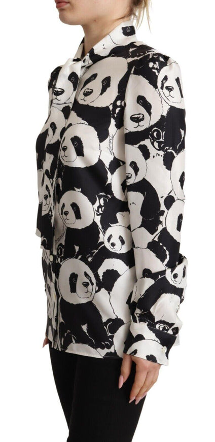 Dolce & Gabbana Black White Panda Print Silk Ascot Collar Top - Ellie Belle