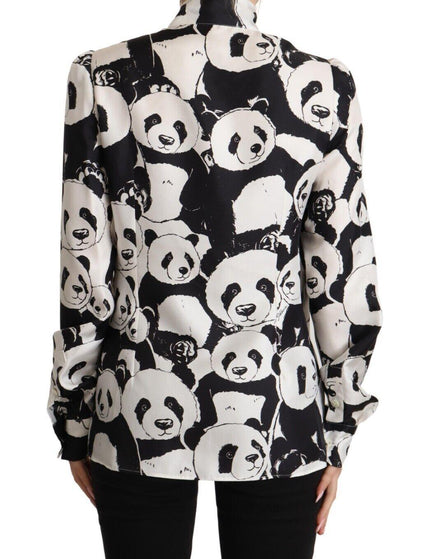 Dolce & Gabbana Black White Panda Print Silk Ascot Collar Top - Ellie Belle