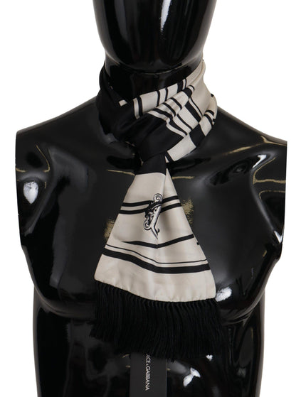Dolce & Gabbana Black White Silk Striped Print Logo Fringe Scarf - Ellie Belle