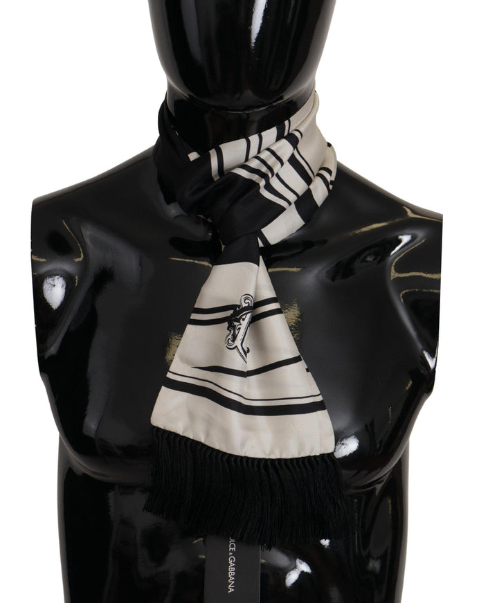 Dolce & Gabbana Black White Silk Striped Print Logo Fringe Scarf - Ellie Belle