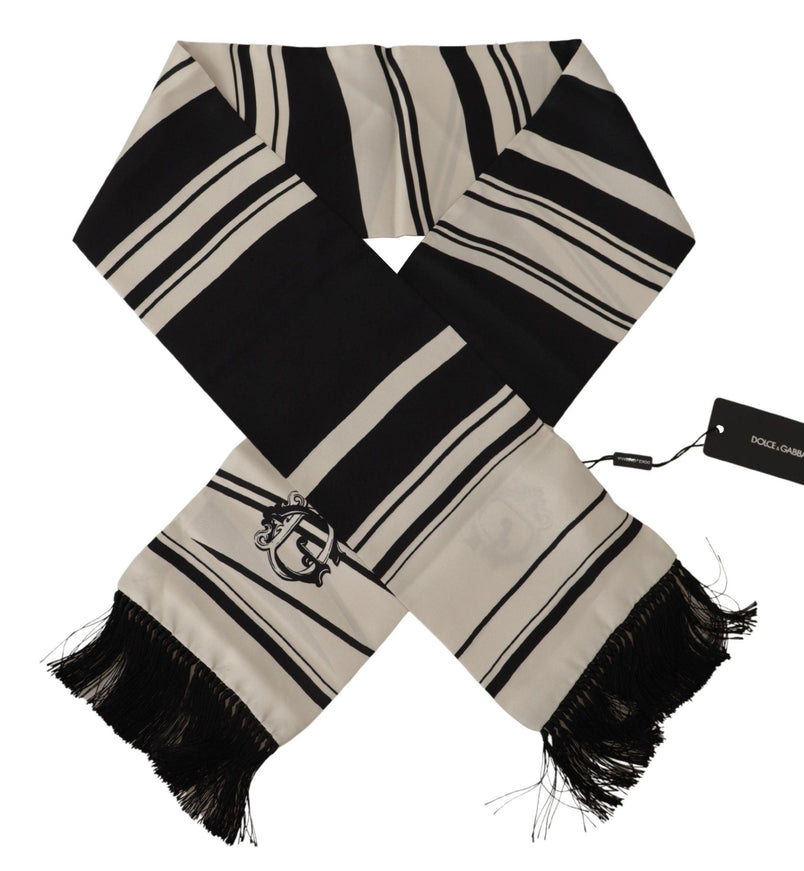 Dolce & Gabbana Black White Silk Striped Print Logo Fringe Scarf - Ellie Belle