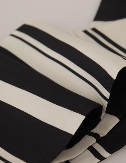 Dolce & Gabbana Black White Silk Striped Print Logo Fringe Scarf - Ellie Belle
