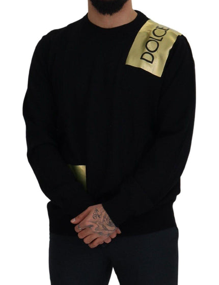 Dolce & Gabbana Black Wool Gold Logo Crewneck Pullover Sweater - Ellie Belle