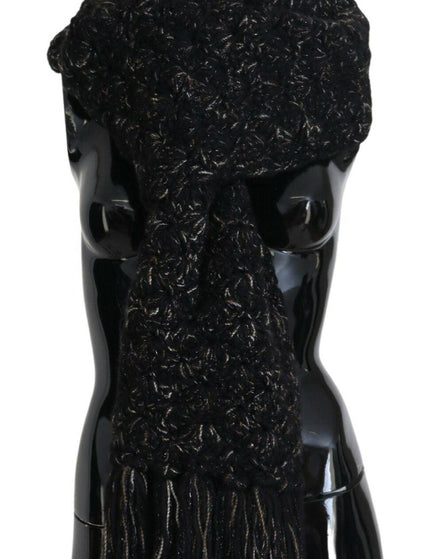 Dolce & Gabbana Black Wool Knitted Wrap Foulard Fringe Scarf - Ellie Belle