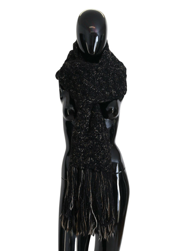 Dolce & Gabbana Black Wool Knitted Wrap Foulard Fringe Scarf - Ellie Belle