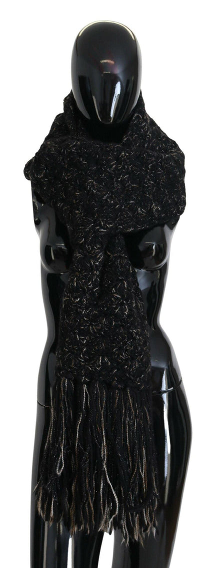 Dolce & Gabbana Black Wool Knitted Wrap Foulard Fringe Scarf - Ellie Belle