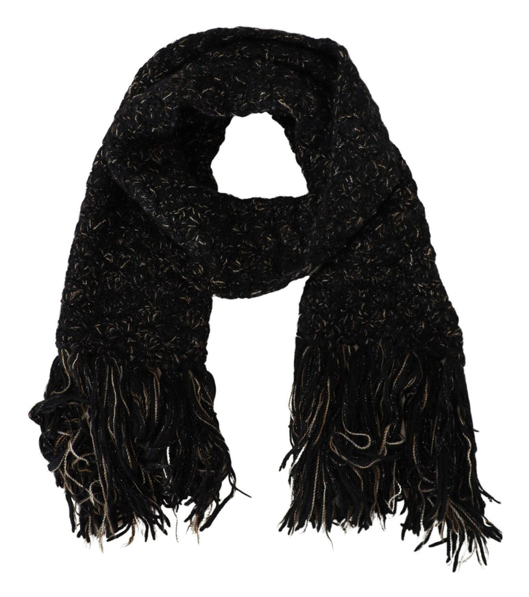 Dolce & Gabbana Black Wool Knitted Wrap Foulard Fringe Scarf - Ellie Belle