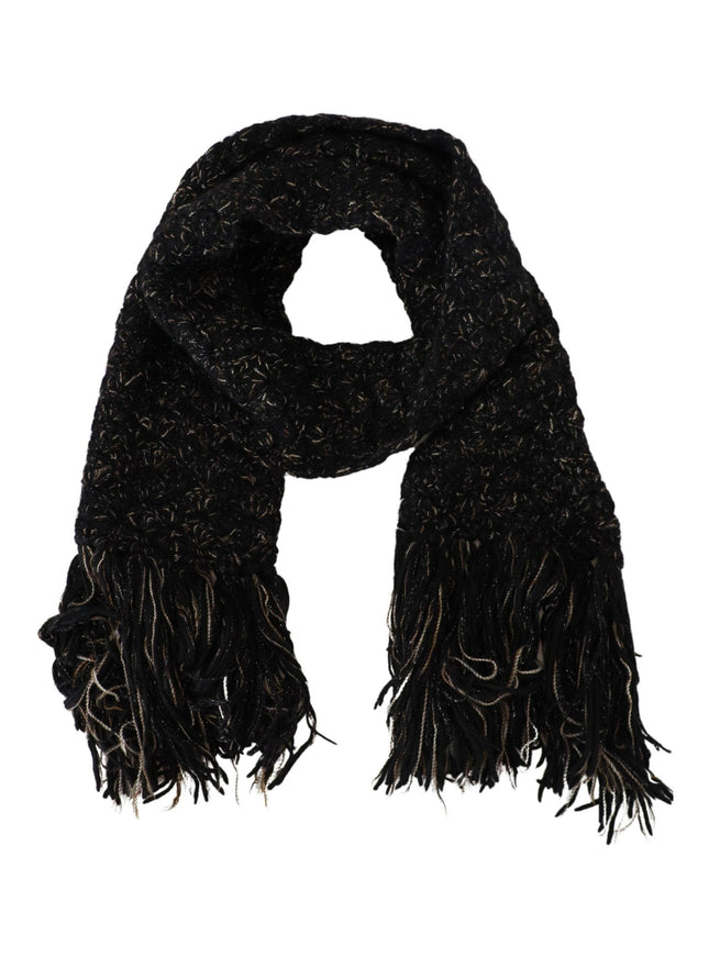 Dolce & Gabbana Black Wool Knitted Wrap Foulard Fringe Scarf - Ellie Belle