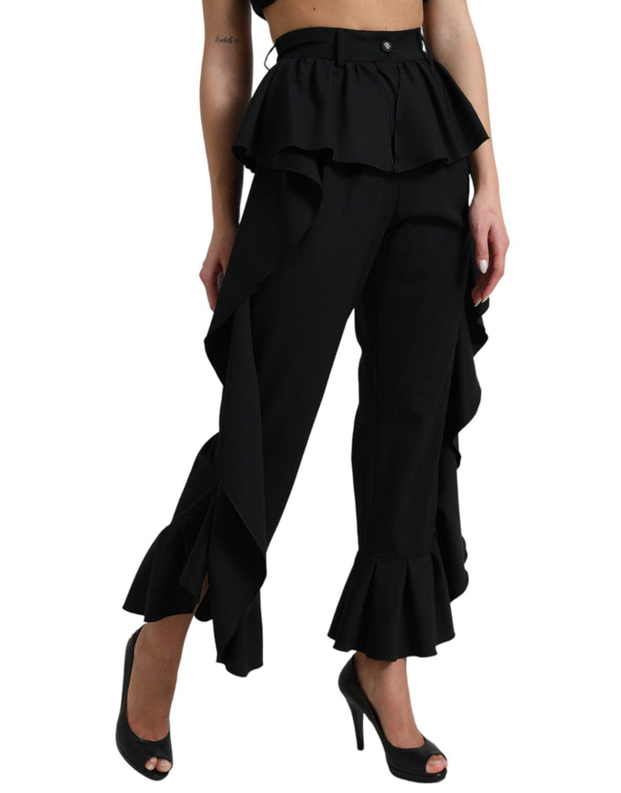 Dolce & Gabbana Black Wool Ruffle High Waist Wide Leg Pants - Ellie Belle