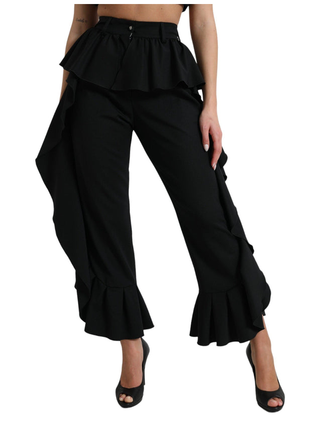 Dolce & Gabbana Black Wool Ruffle High Waist Wide Leg Pants - Ellie Belle