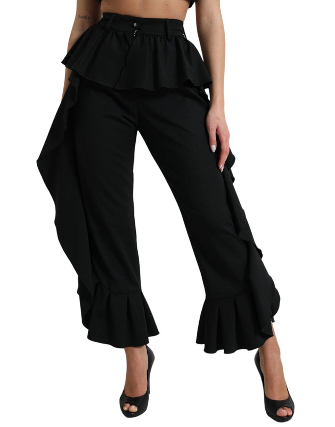 Dolce & Gabbana Black Wool Ruffle High Waist Wide Leg Pants - Ellie Belle