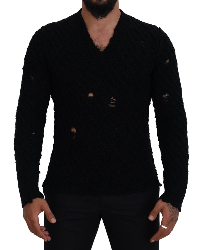 Dolce & Gabbana Black Wool V-neck Knitted Pullover Sweater - Ellie Belle