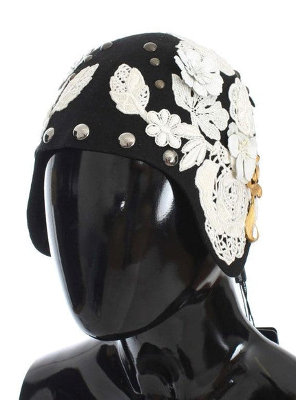 Dolce & Gabbana Black Wool White Floral Gold Leaf Hat
