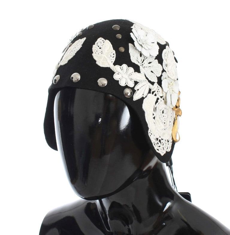 Dolce & Gabbana Black Wool White Floral Gold Leaf Hat - Ellie Belle