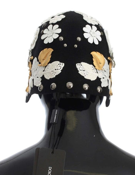 Dolce & Gabbana Black Wool White Floral Gold Leaf Hat - Ellie Belle