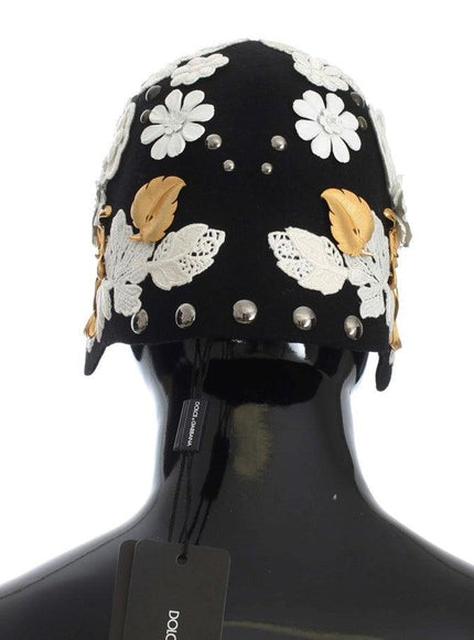 Dolce & Gabbana Black Wool White Floral Gold Leaf Hat