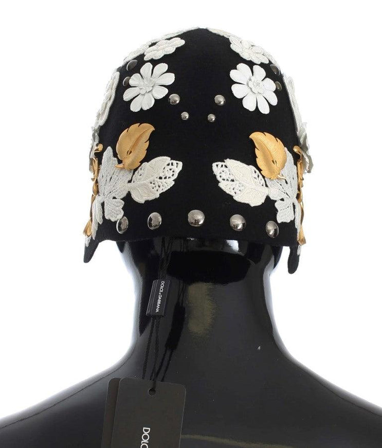 Dolce & Gabbana Black Wool White Floral Gold Leaf Hat - Ellie Belle