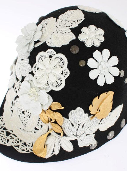 Dolce & Gabbana Black Wool White Floral Gold Leaf Hat