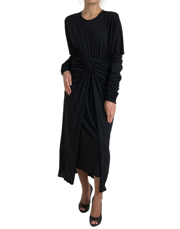 Dolce & Gabbana Black Wool Wrap Sheath Midi Gown Dress - Ellie Belle