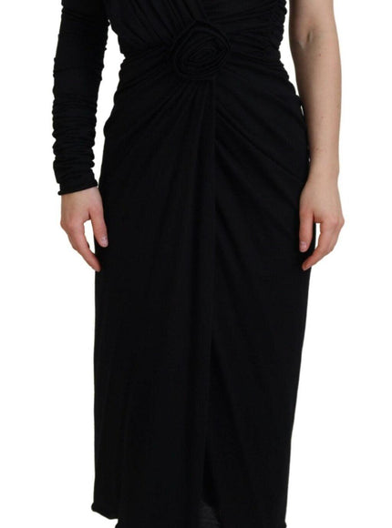 Dolce & Gabbana Black Wrap Sheath One Shoulder Wool Dress