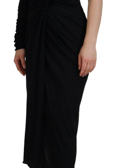 Dolce & Gabbana Black Wrap Sheath One Shoulder Wool Dress